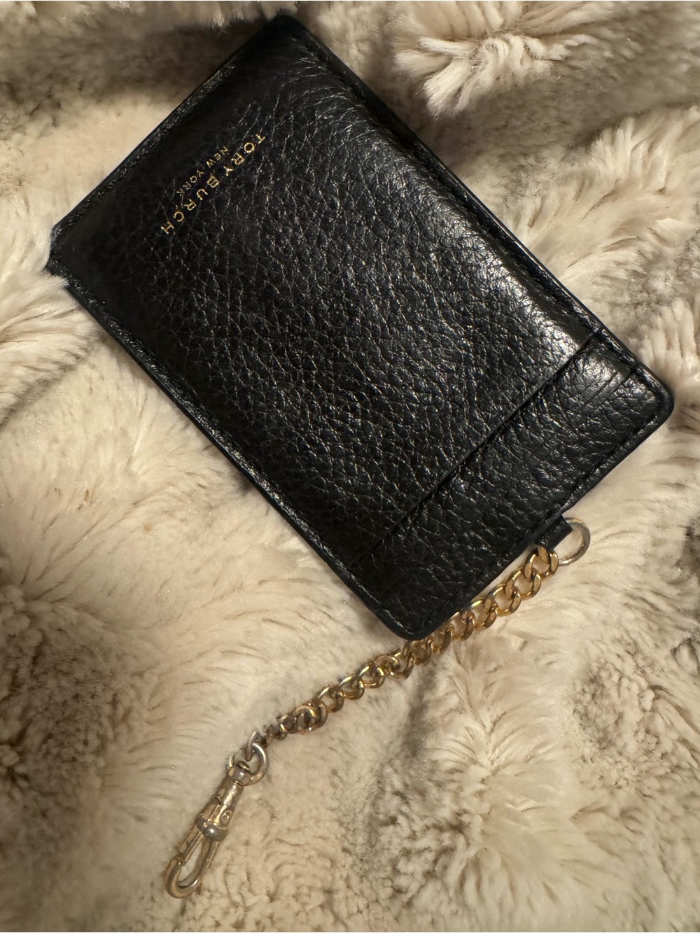 Tory Burch Black Pebbled Leather Card Case with Gold Chain